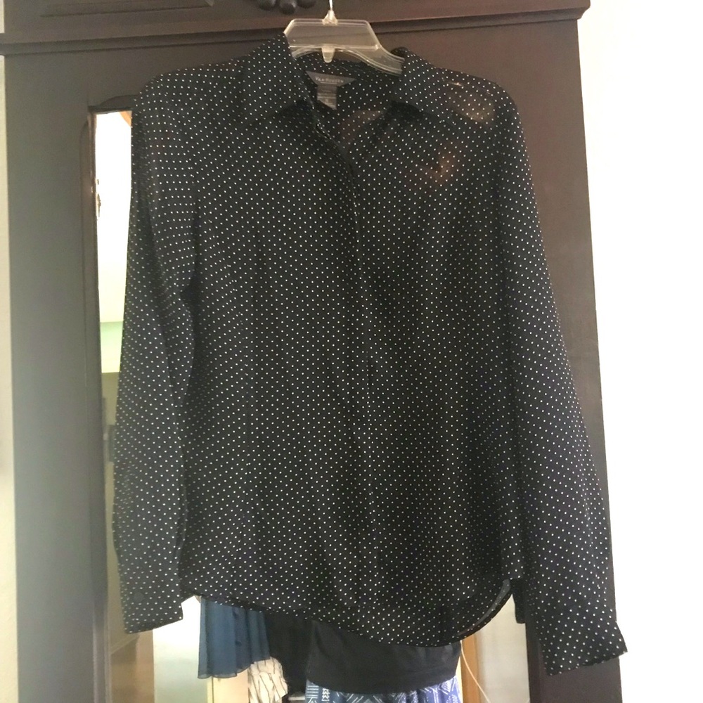 Button Up Collared Shirt Black & White Polka Dots; Small